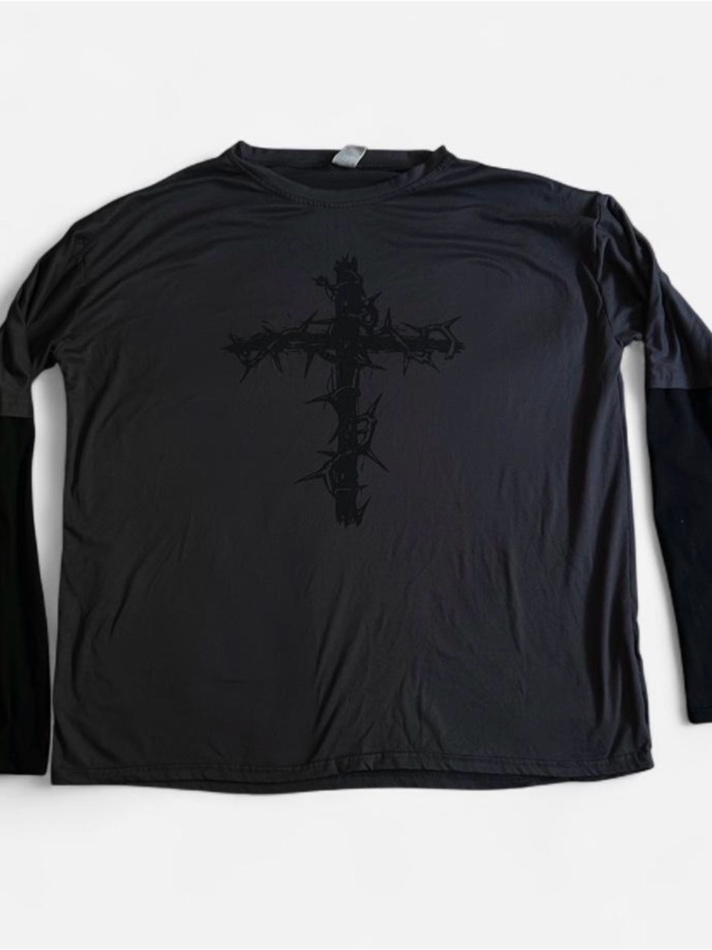 Men's Black Long-Sleeve Graphic Tee with Subtle Cross Detail